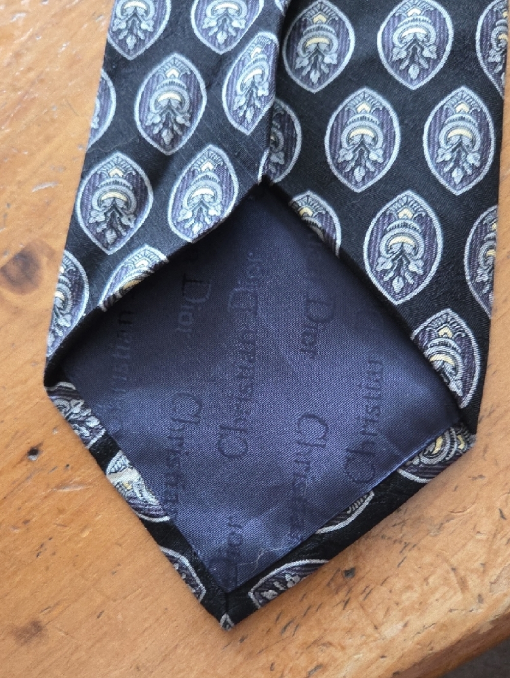 Dior 100% Silk Black Tie with Silver & Gold Medallion Motif - Picture 3 of 7